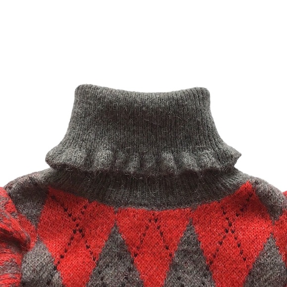 Zara Argyle Turtleneck Ruffle Mohair Blend Red Grey Black Sweater, size S - Picture 9 of 15